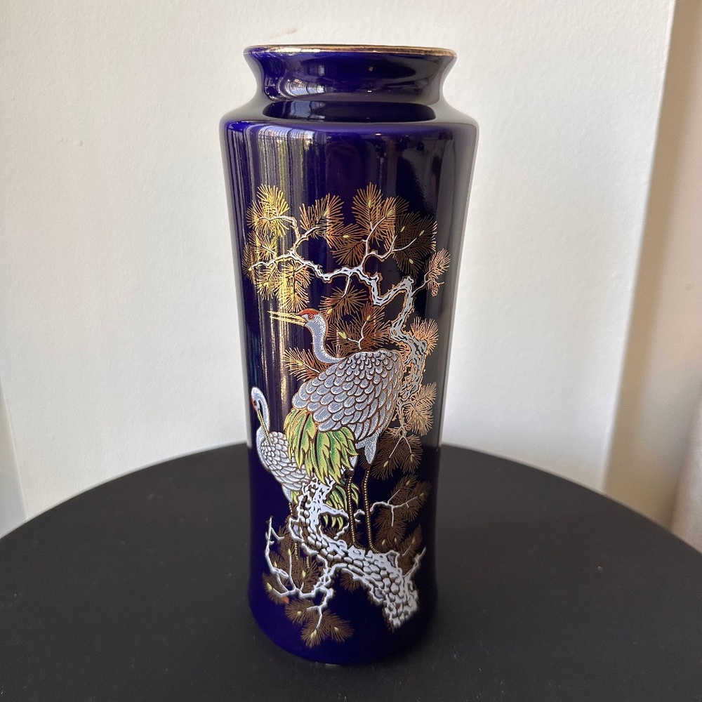 Vintage Japanese Cobalt Blue Vase with Cranes, Gold Gilded Porcelain – 10 1/2"